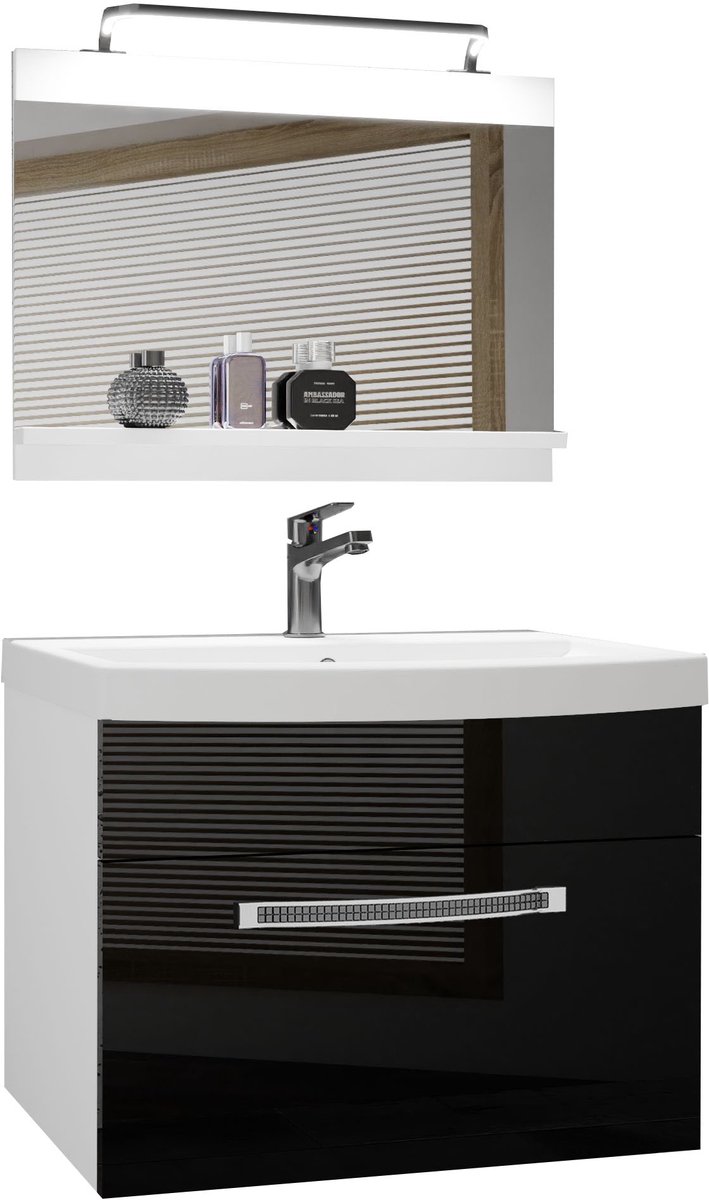 BELINI Badkamermeubel Set GLA P 1 - Badmeubelset 60 cm Zwart Hoogglans met Wastafel, Spiegel en LED Lamp - Wandmontage