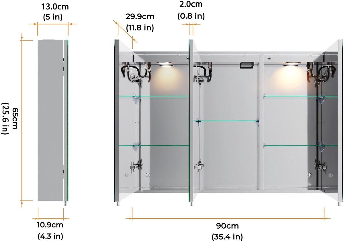 SnelShoppen - LOMIKEN Spiegelkast Badkamer 90x65x13 cm met Verlichting en Stopcontact, Kleurtemperatuur Instelbaar, Dimbare Lampen, Roestvrij Staal, O