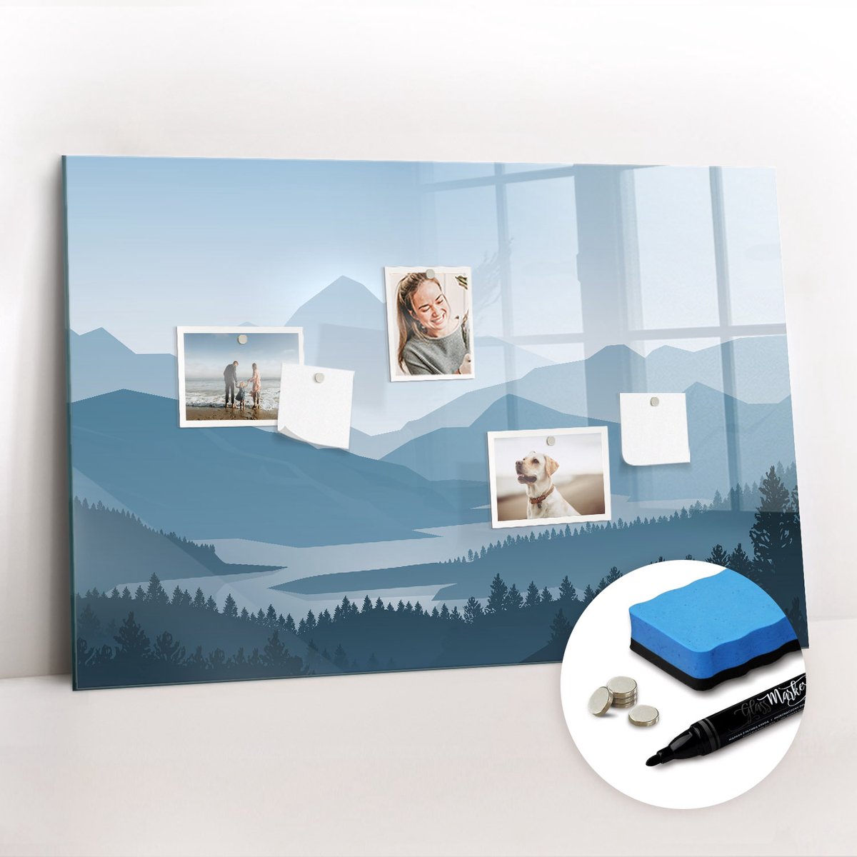 Tulup Whitebord - Berglandschap - 90 x 60 cm - Blauw Magnetic Board - Gratis 5 Sterke Magneten + Whiteboard Marker & Wisser - Moderne Wanddecoratie - Foto Magneetbord - Planning Muur