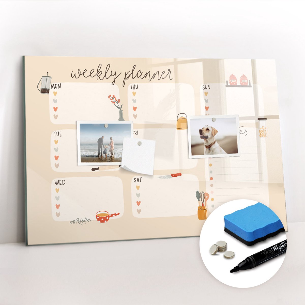 Tulup Whitebord - Klassieke weekplanner - 60 x 40 cm - Geel Foto Magneetbord - Gratis 5 Sterke Magneten + Whiteboard Marker & Wisser - Design Memobord - Foto Magneetbord - Ideeënbord Thuiswerkplek