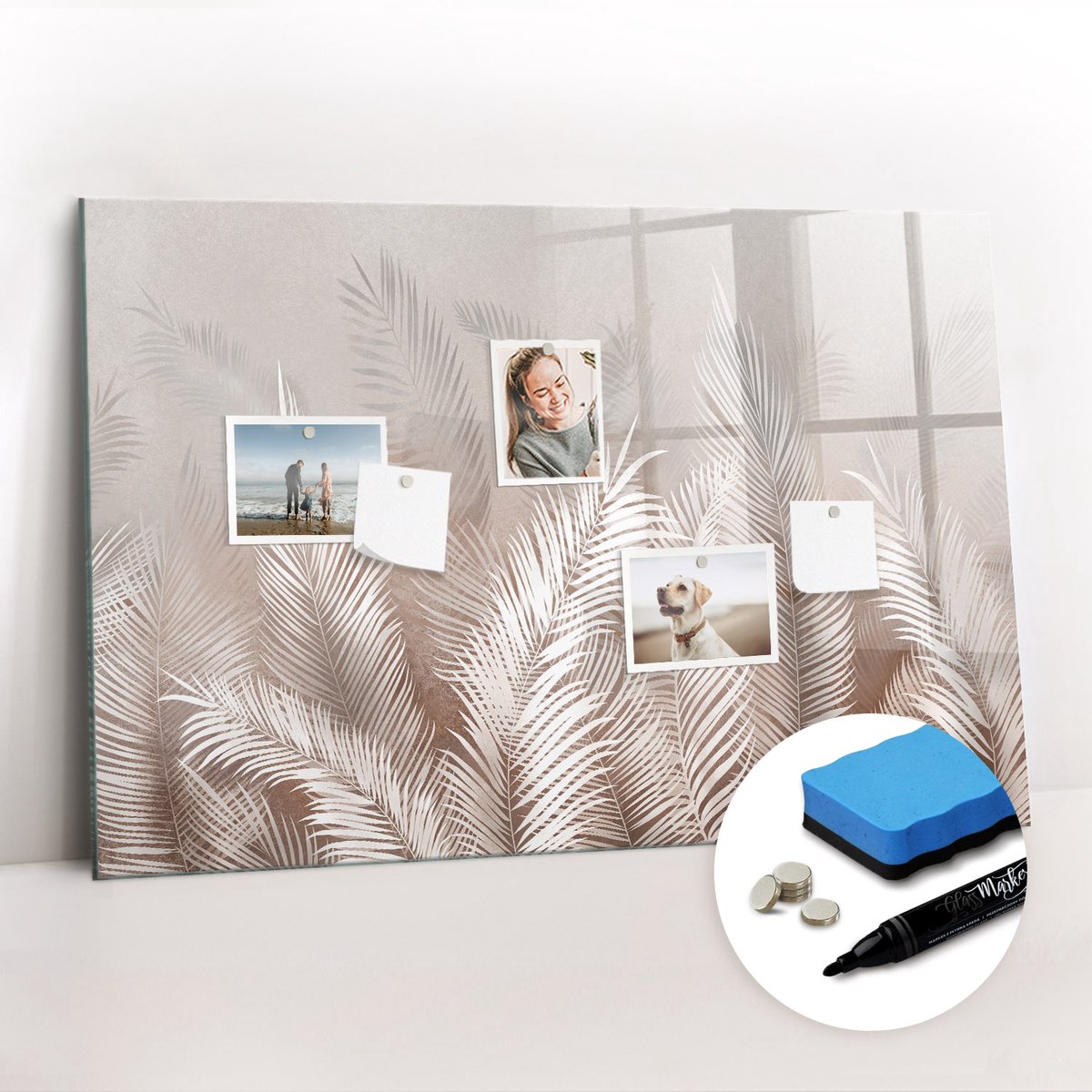 Tulup Whitebord - Tropische bladeren - 90 x 60 cm - Grijs Magnet Board - Gratis 5 Sterke Magneten + Whiteboard Marker & Wisser - Industrieel Wandbord - Magneetbord Foto - Productiviteit Tools