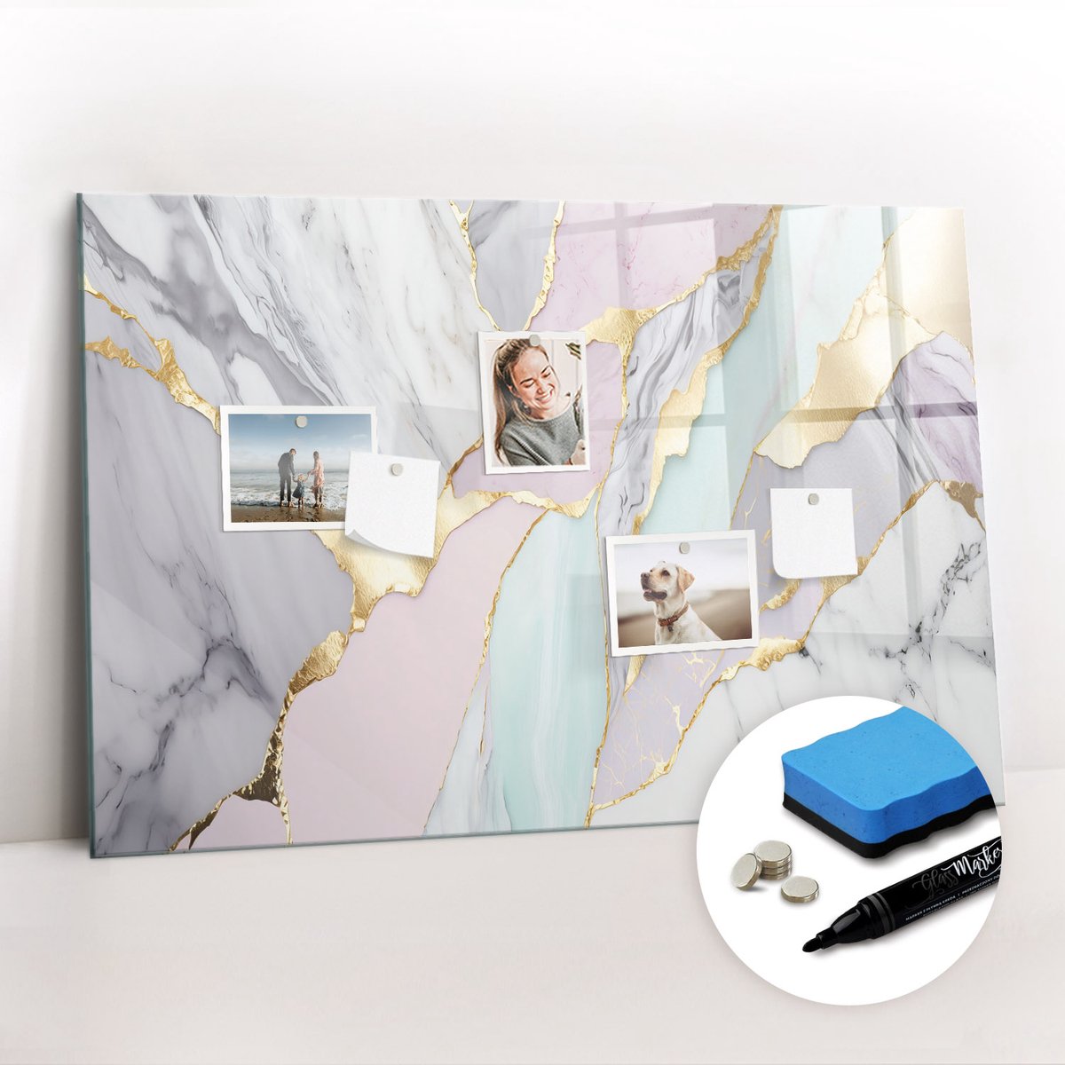 Tulup Whitebord - Marmerpatroon - 90 x 60 cm - Veelkleurig Magneetbord Rechthoekig - Gratis 5 Sterke Magneten + Whiteboard Marker & Wisser - Organizer Muur - Memobord Magnetisch - Organiseer Je Bureau