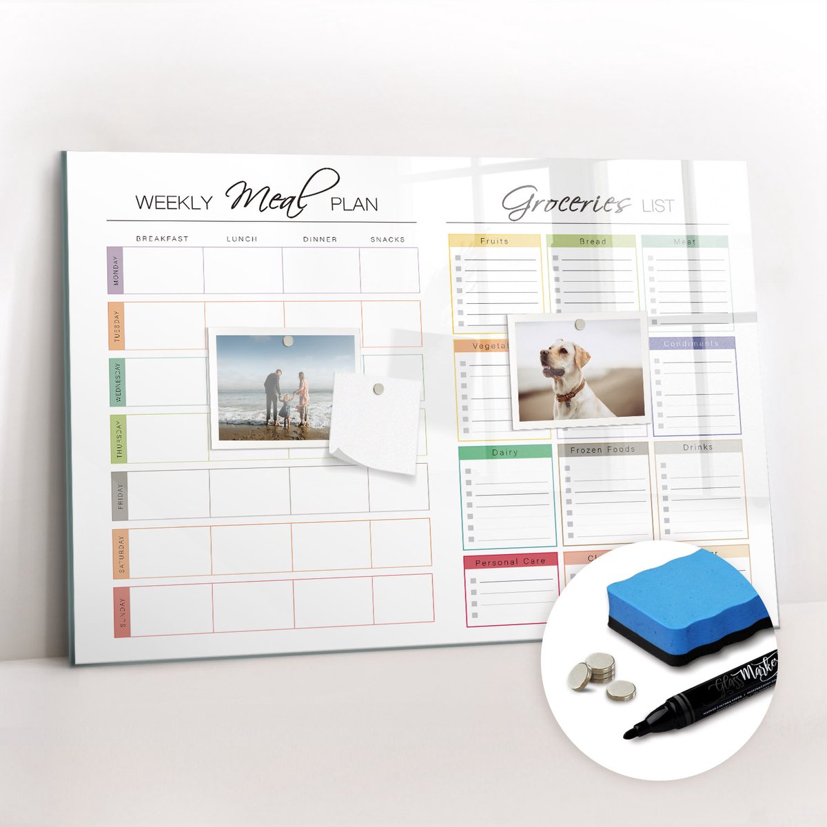 Tulup Whitebord - Weekmenu - 60 x 40 cm - Veelkleurig Memo Magneetbord - Gratis 5 Sterke Magneten + Whiteboard Marker & Wisser - Moderne Wanddecoratie - Magnet Board - Notitiebord Werkplek