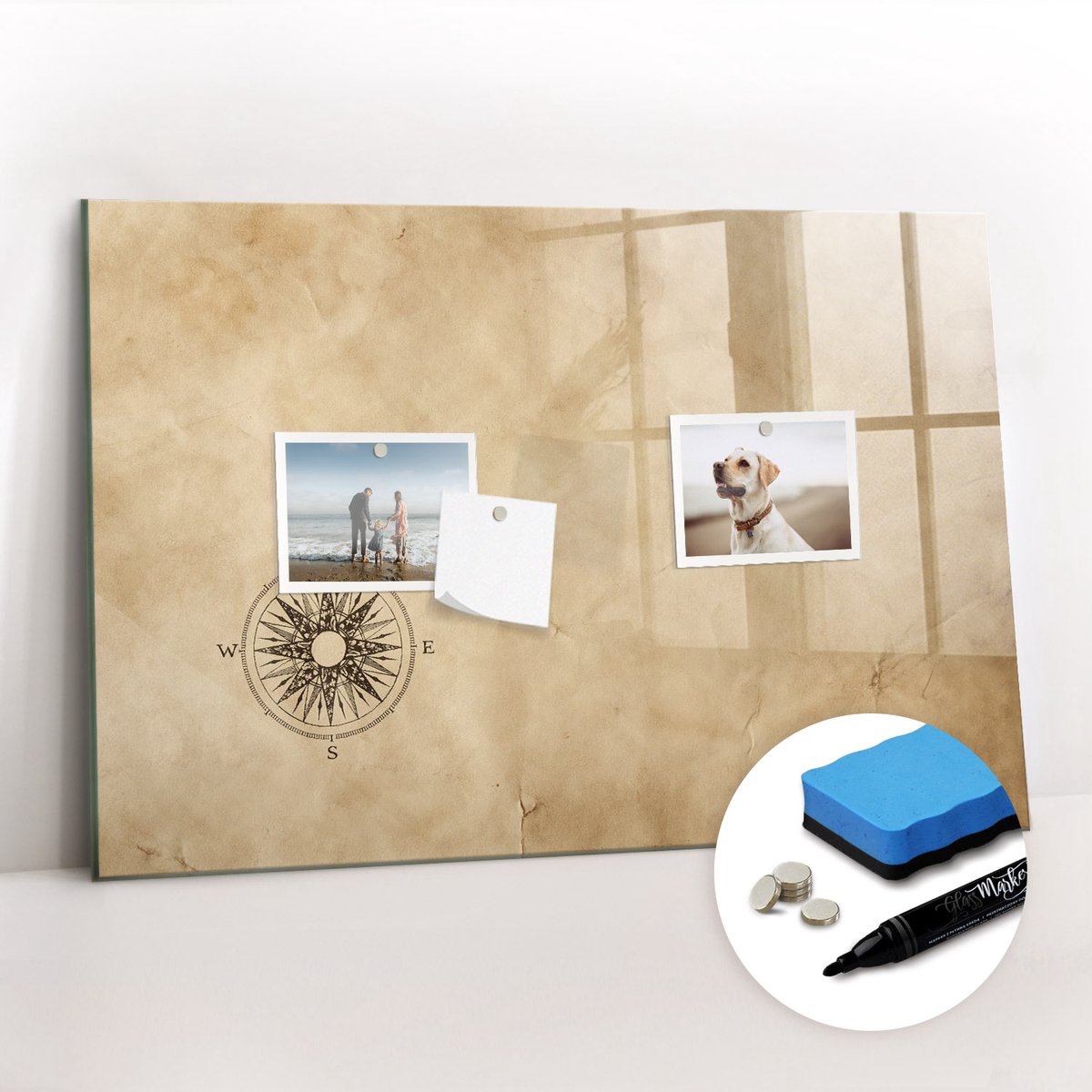 Tulup Whitebord - Canvas kompas - 60 x 40 cm - Bruin Foto Magneetbord - Gratis 5 Sterke Magneten + Whiteboard Marker & Wisser - Interieur Accessoires Kantoor - Magnetisch Bord Kind - Inspiratiebord Kantoor