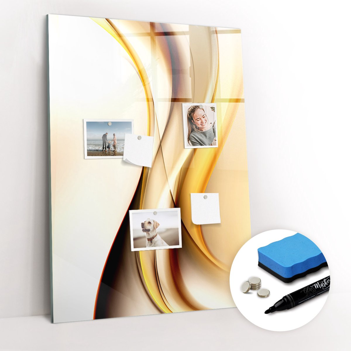 Tulup Whitebord - Gouden Golf Abstractie - 70 x 100 cm - Geel Magneetbord Muur - Gratis 5 Sterke Magneten + Whiteboard Marker & Wisser - Organizer Muur - Memo Bord - Notitiebord Werkplek