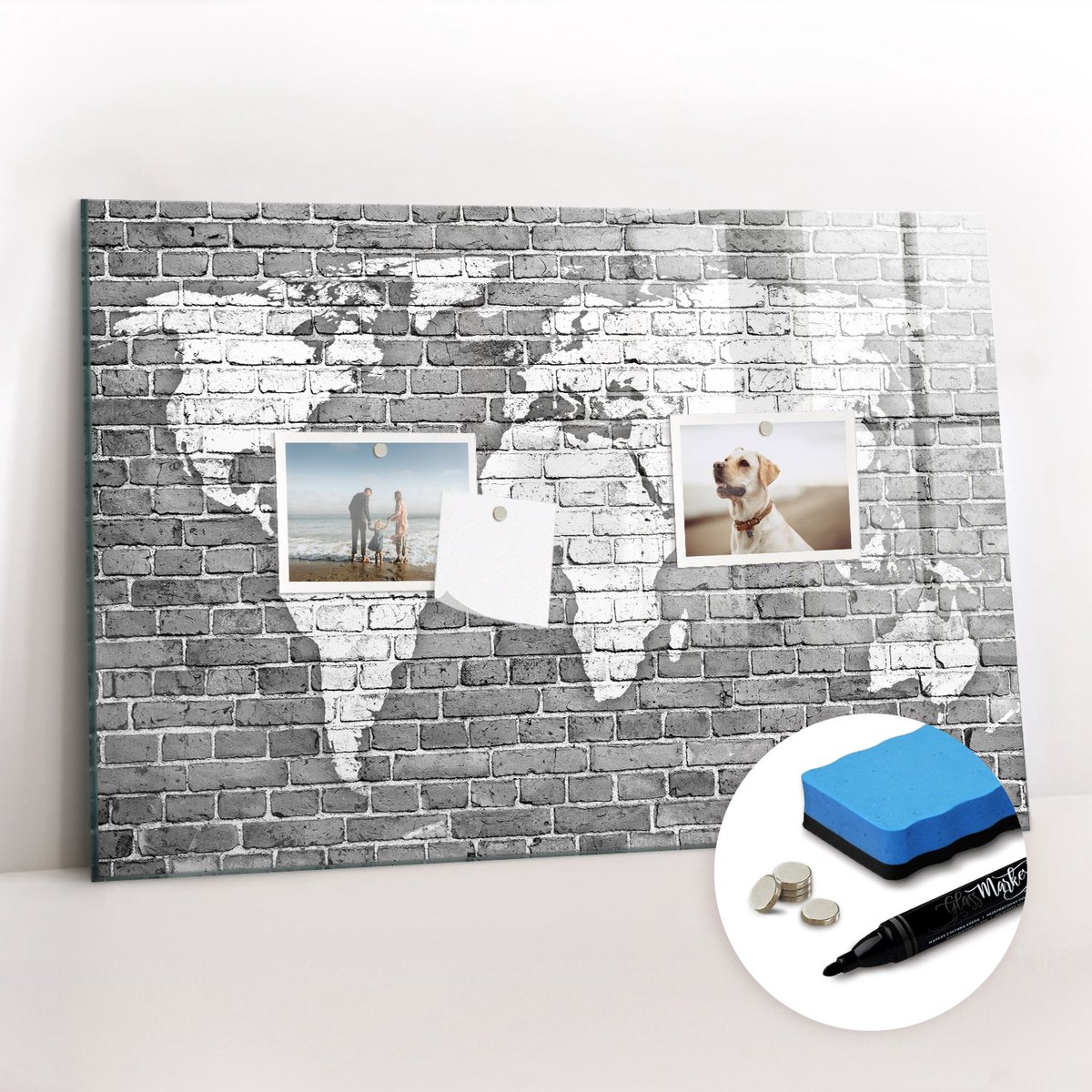 Tulup Whitebord - Wereldkaart op bakstenen - 60 x 40 cm - Zwart-wit Magneetbord Muur - Gratis 5 Sterke Magneten + Whiteboard Marker & Wisser - Design Memobord - Memo Magneetbord - Productiviteit Tools