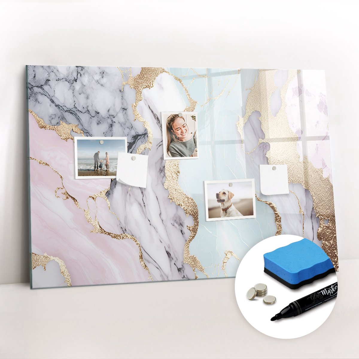 Tulup Whitebord - Marmer - 90 x 60 cm - Veelkleurig Magneetbord Design - Gratis 5 Sterke Magneten + Whiteboard Marker & Wisser - Interieur Accessoires Kantoor - Magnetic Board - Ideeënbord Thuiswerkplek
