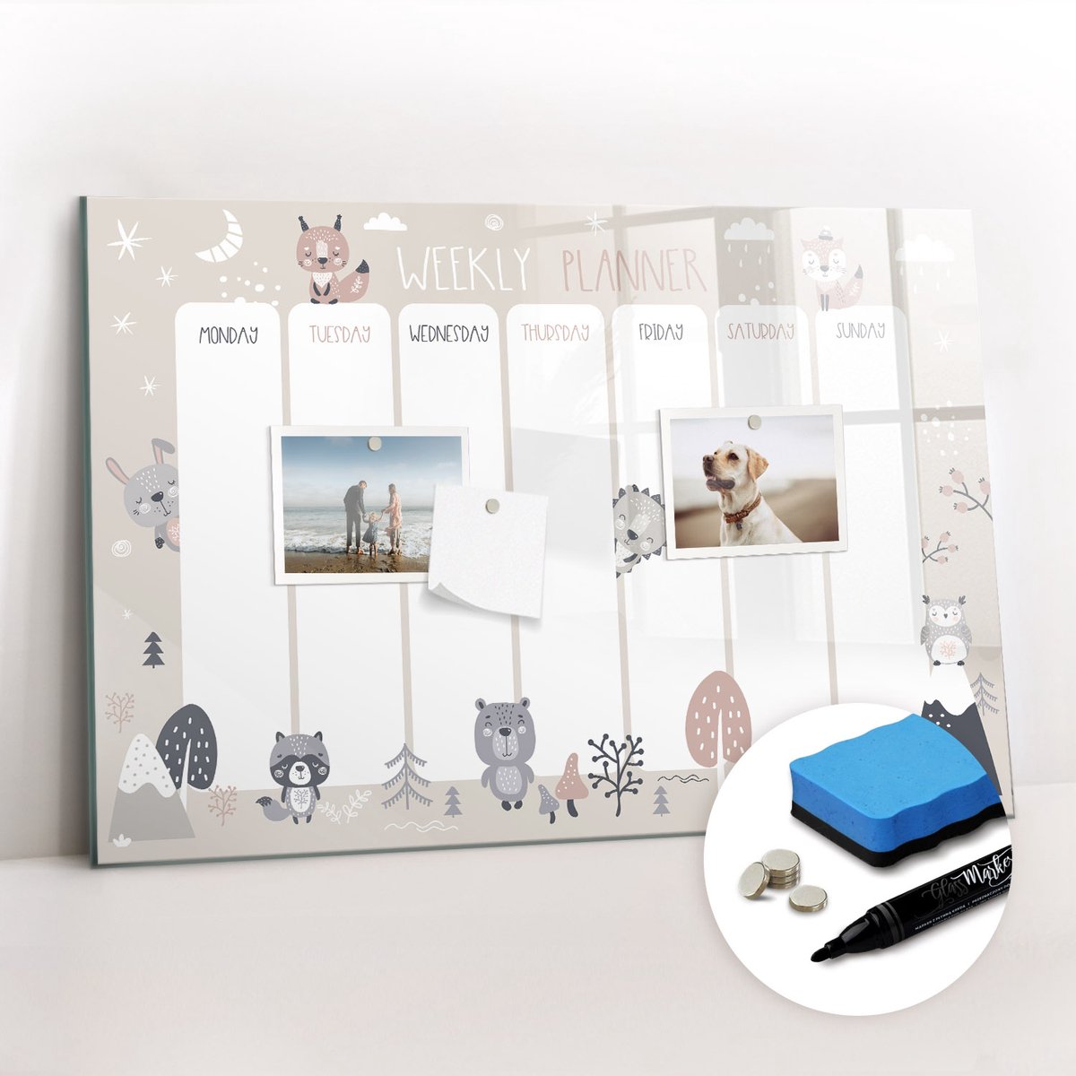 Tulup Whitebord - Dierenplanner - 60 x 40 cm - Veelkleurig Magneetbord Rechthoekig - Gratis 5 Sterke Magneten + Whiteboard Marker & Wisser - Scandinavisch Design Bord - Memobord Magnetisch - Notitiebord Werkplek