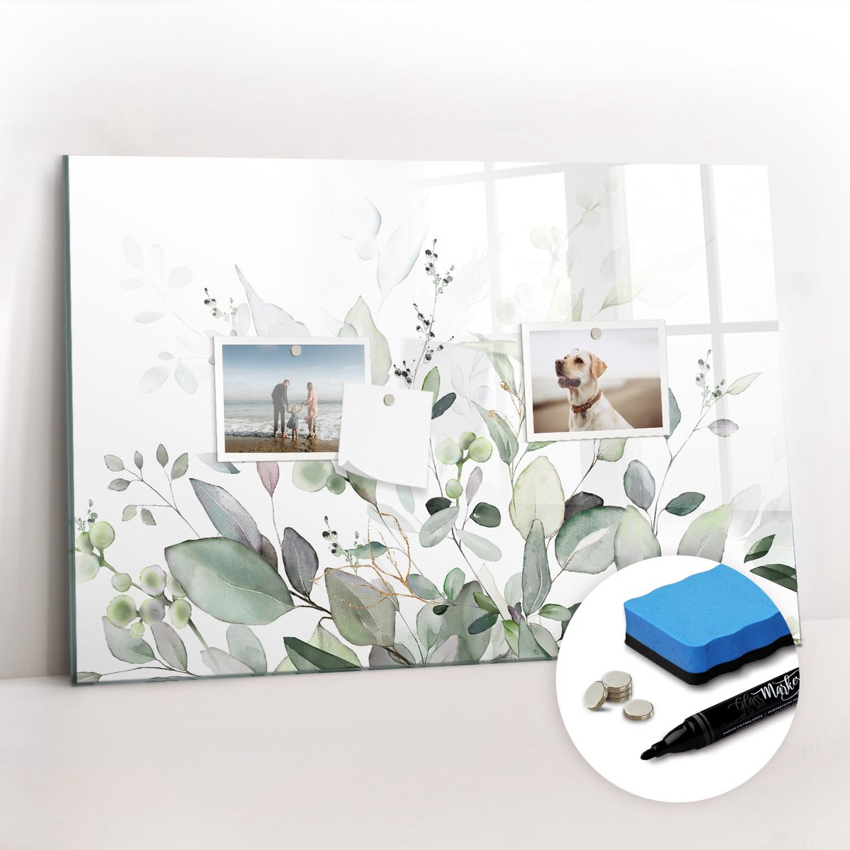 Tulup Whitebord - Groene plantenbladeren - 60 x 40 cm - Groente Memobord Glas - Gratis 5 Sterke Magneten + Whiteboard Marker & Wisser - Design Memobord - Magnetisch Memobord - Ideeënbord Thuiswerkplek