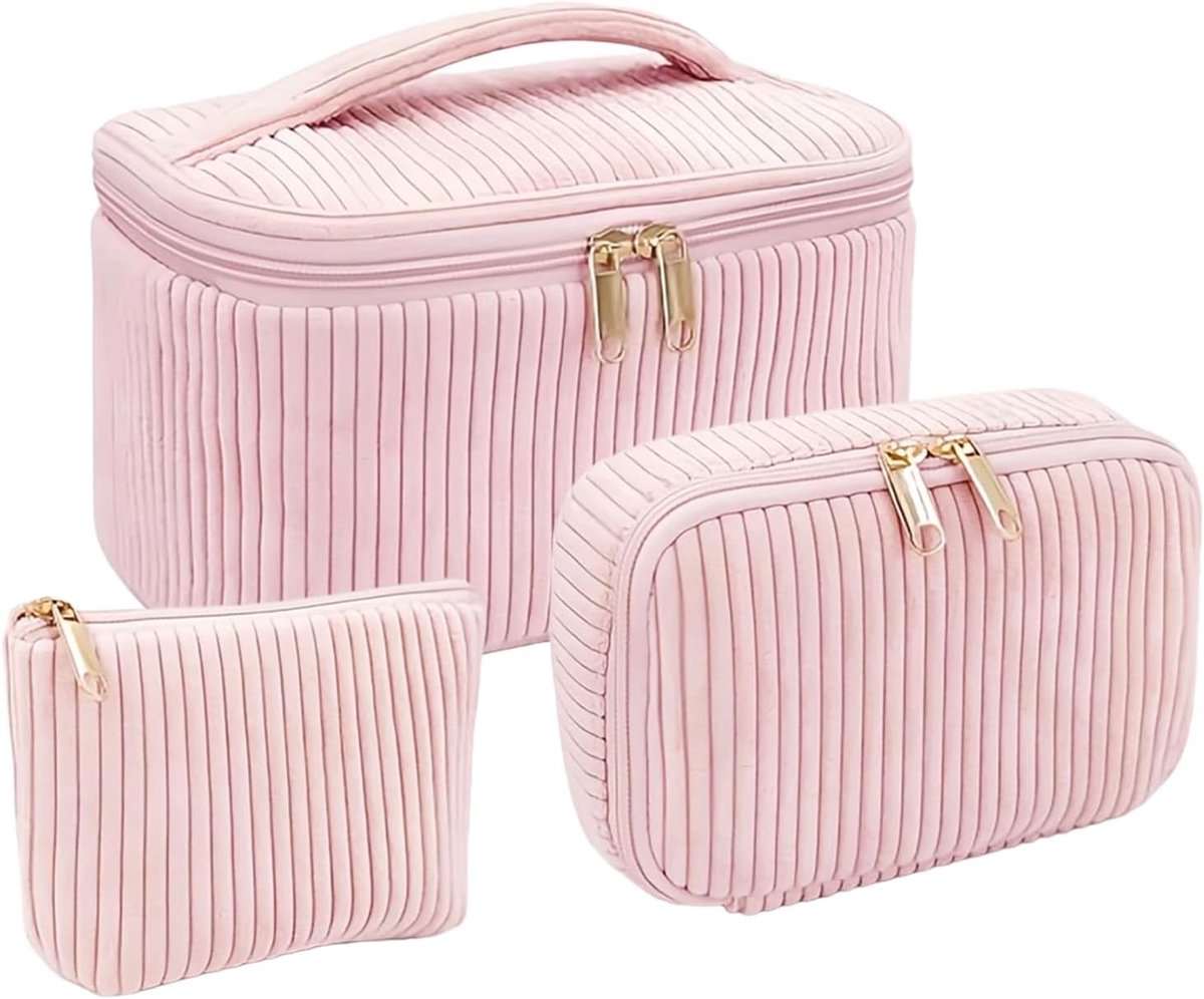 SnelShoppen - Cosmetische Tas Voor Dames, Grote Capaciteit Make-Uptas Met Touw, Reismake-Uptas Voor Meisjes, Toilettas Set 3-Delig, Zacht Corduroy, Ge