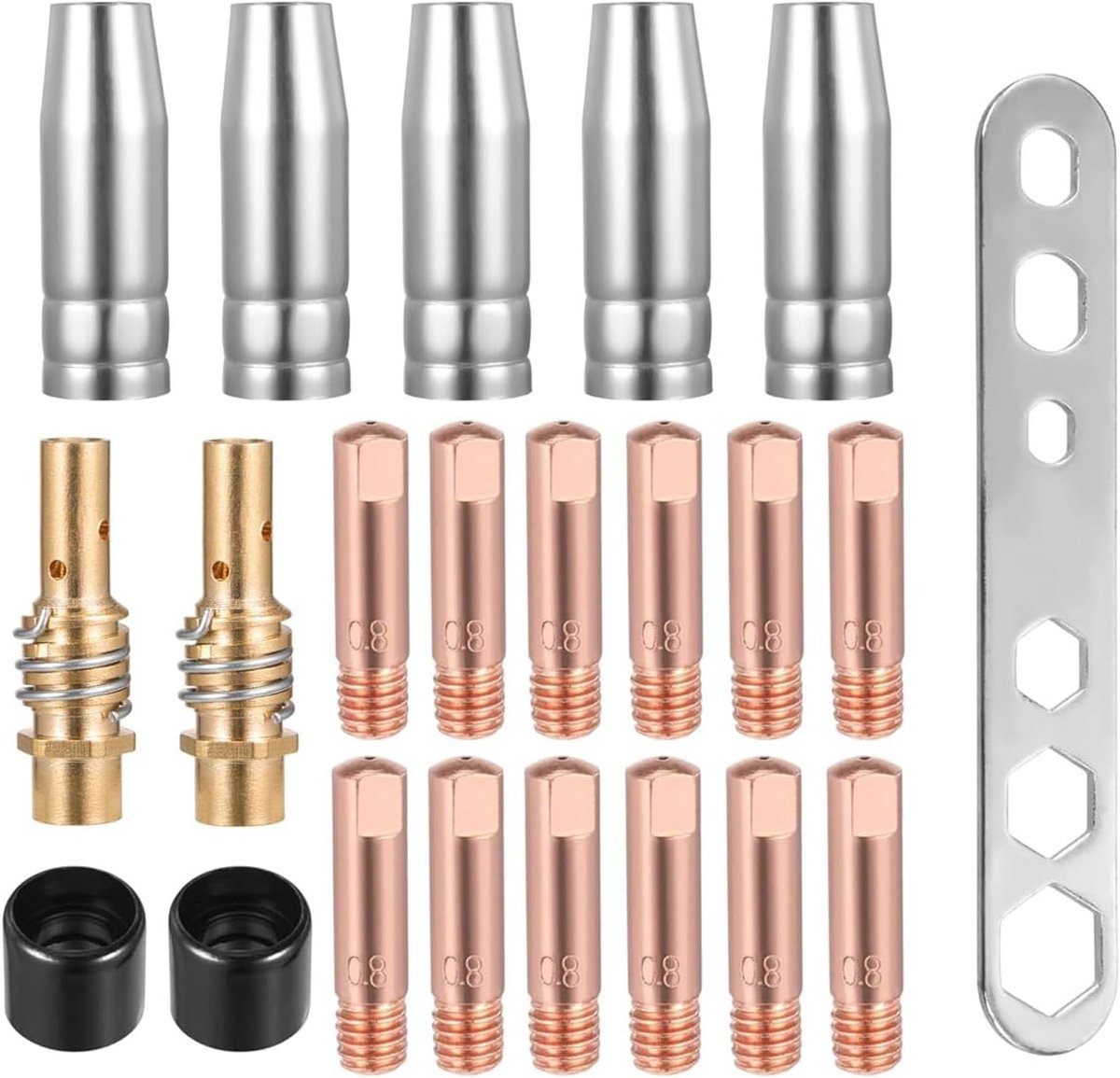 LightBeacon 22 pieces accessories for welding machine MIG/MAG, consumables set, 5 gas nozzles, 12 arm nozzles, M6 0.8 - ShopVlot