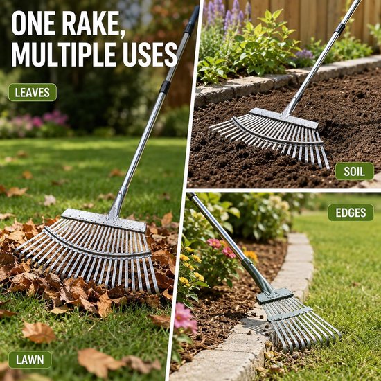 SnelShoppen - Hark Tuin 25+11 Tanden Bladhark met Metalen Steel, 4-delige Verstelbare Handgreep 40-45 cm, Heavy-Duty Tuinhark voor Bladeren, Gazon en van Snelshoppen — afbeelding 4