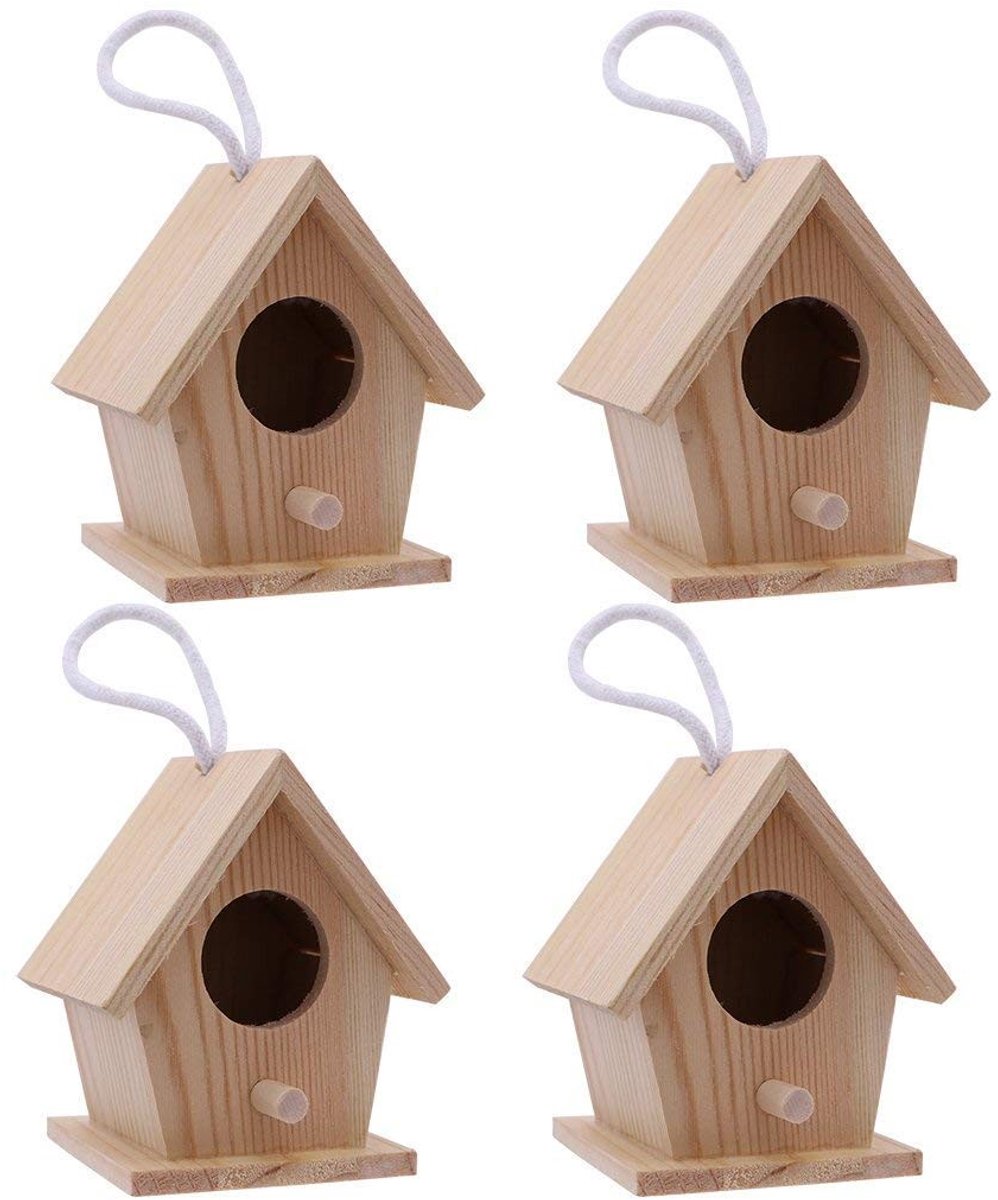 Omgoods- Vogelhuisje Decoratief - Houten Nestkast - Hangdecoratie - Veilig en Niet Giftig - 4 Stuks - Natuurlijke Grenenhout