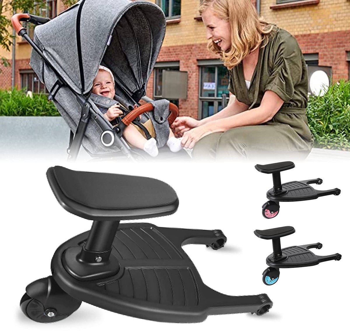 Omgoods - Buggy Board met afneembare zitting - Meerijplank voor kinderwagens voor kinderen van 2-6 jaar