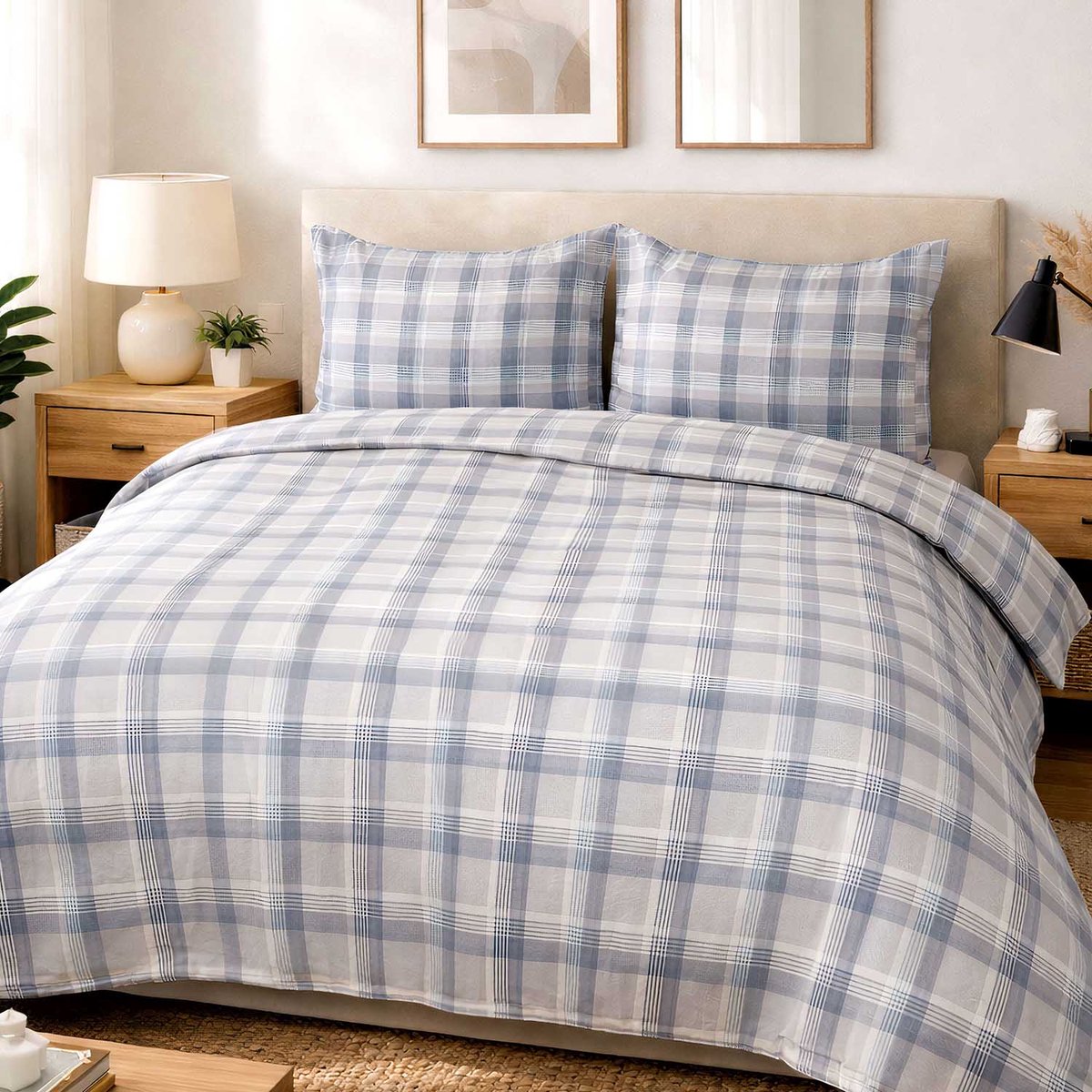 Luxe Katoenen Dekbedovertrekset Cottonlove – 160x200 cm – Blauwgrijze Ruit – 100% Katoen – Darymex