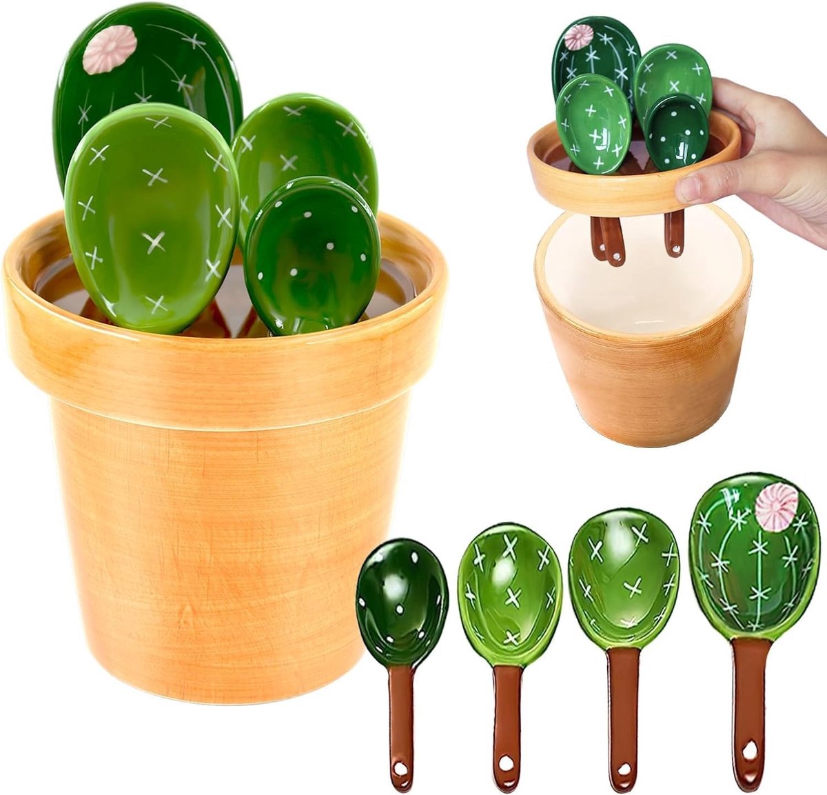 Omgoods - Keramische Cactus Maatlepels Set 5 Stuks met Organizer