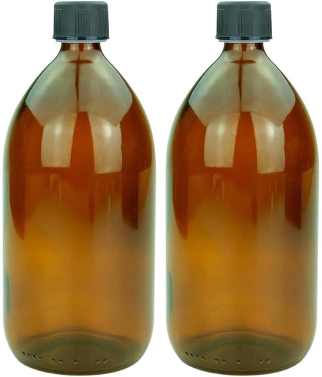 Omgoods - Set van 2 Bruine Glazen Flessen 1000 ml met Dopsluiting