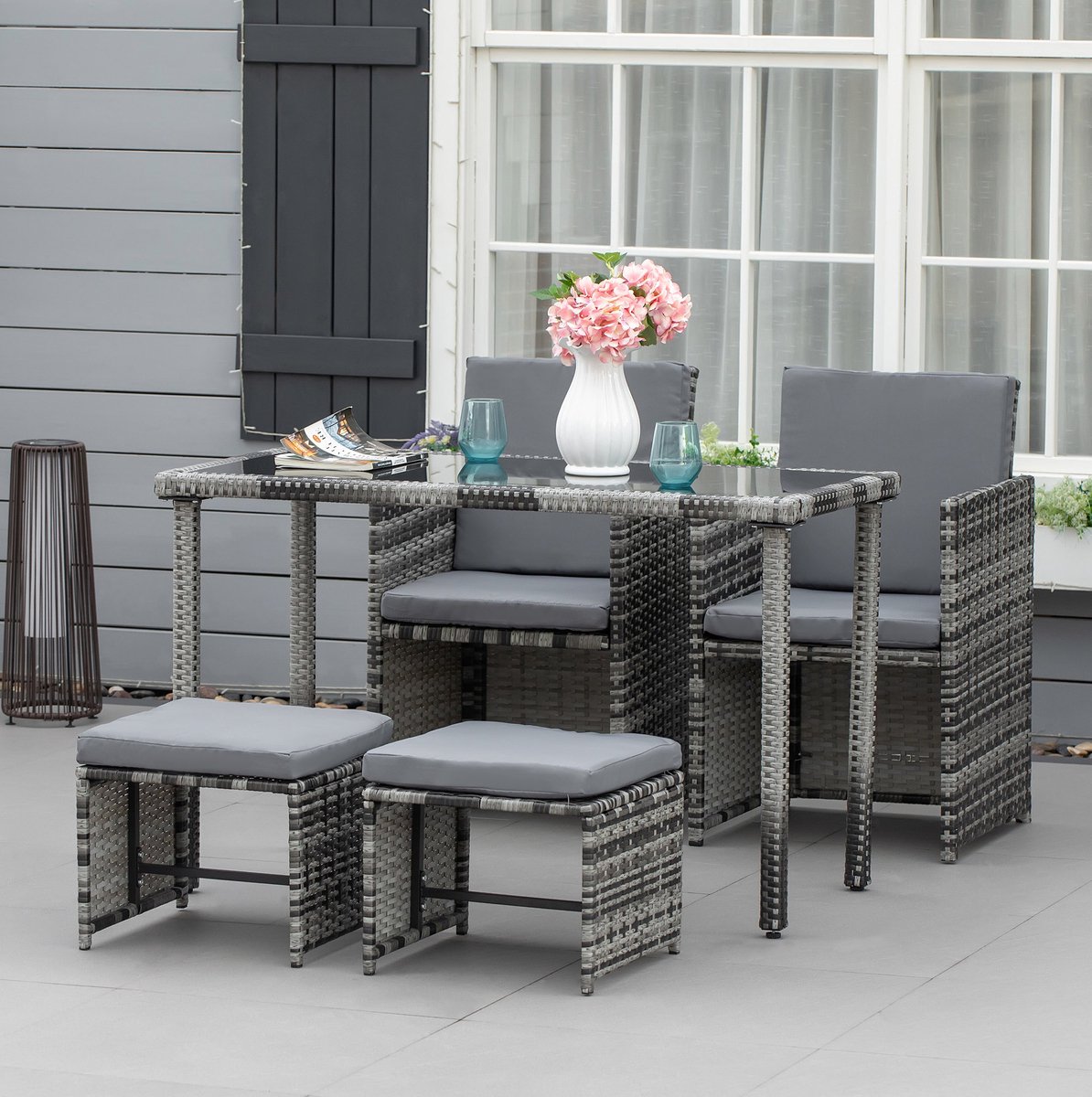 REDOM - Tuinset - 5-delig voor 4 personen - Met tafel, 2 stoelen en 2 hockers - Inclusief kussens - Binnen en buiten - Metaal - Grijs