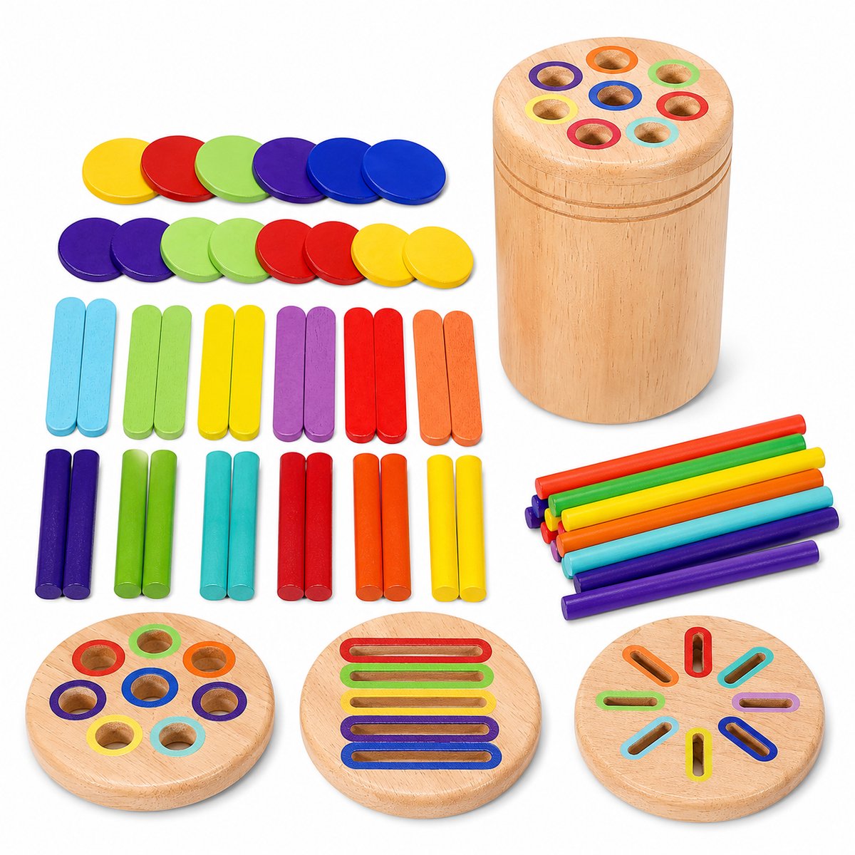 VHV Montessori Sorteerspeelgoed - Houten Sorteerdoos - 3 Verwisselbare Deksels - 42 Kleurrijke Onderdelen - Kleur- en Vormherkenning - Cadeau 3 Jaar - Kinderspellen