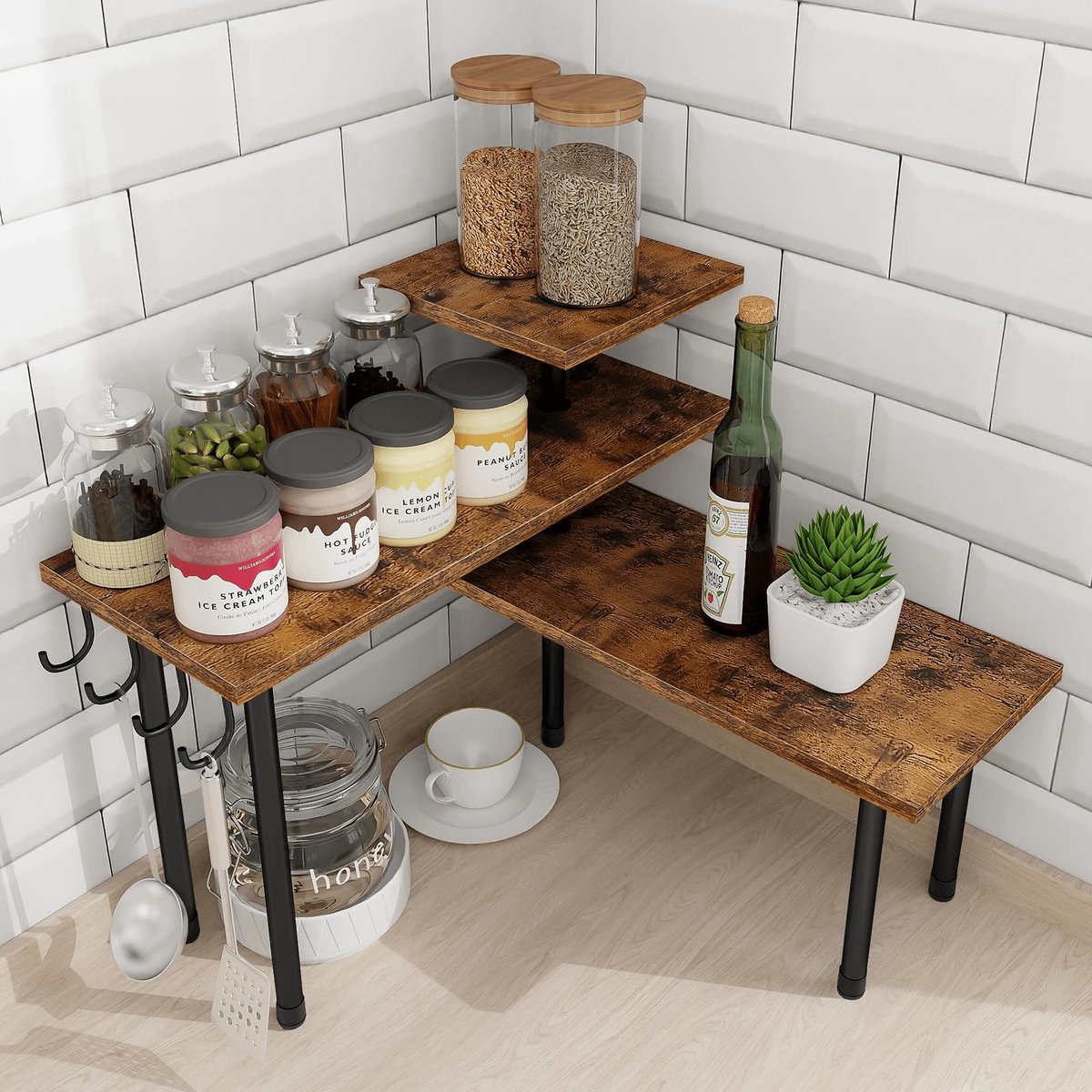 Omgoods - Hoekplank voor Keuken - 3 Laags, Ruimtebesparende Organizer in Rustiek Bruin