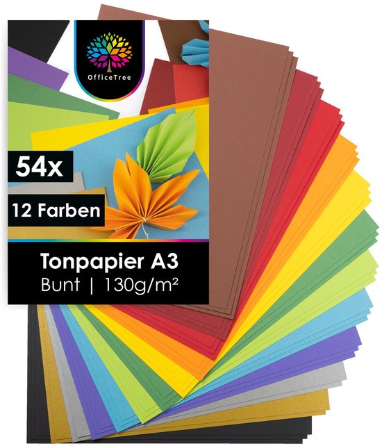 Een stapel Tonpapier A3 in 12 kleuren, waaronder goud en zilver, met de tekst 'Tonpapier A3 Bunt | 130g/m²'.