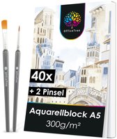 Aquarrelloostblok A5 met 40 vellen en 2 penselen. Het papier heeft een architectonische print met brug en gebouwen.