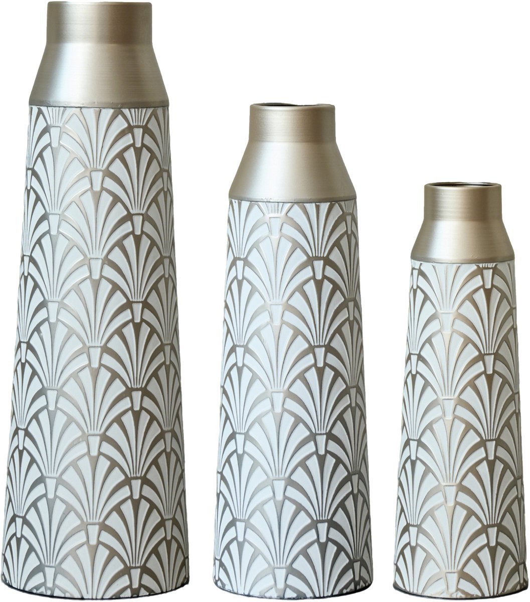 REDOM - Vaas - 3-delige set - Halfhandgefertigd reliëf met waaierpatroon - Voor droogbloemen - Moderne stijl - Binnen - Metaal - Wit en Zilver - 43,5/51/61 cm