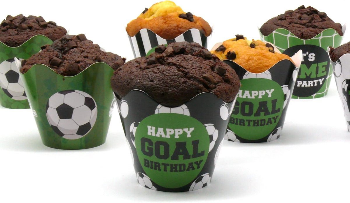 Wrapper Soccer, voetbalcupcake-decoratie, topperprikkers, voetbal, verjaardagsfeest, eerste schooldag, 24 stuks met 8 designs