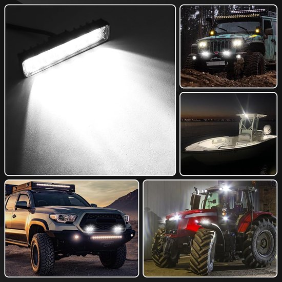 Toepassingen van de led-werklamp op een jeep, boot, terreinwagen en tractor.