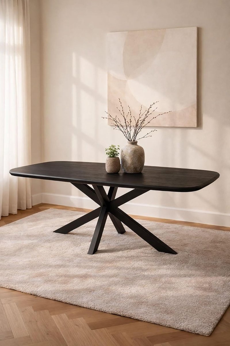 Home Deens Ovale Eettafel 220 cm Mangohout – Zwart – Zwart Metalen Matrix Onderstel – Landelijk – 8-10 Personen
