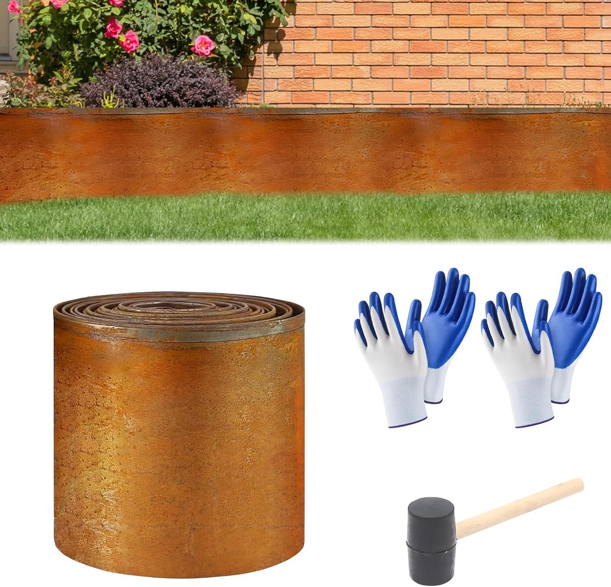 Grasrand, Aartner gazonrand van cortenstaal, 15 cm hoog, bedomranding, metaal met 2 paar handschoenen, kleine hamer, bedomranding met roest (recht, 10 m x 15 cm)