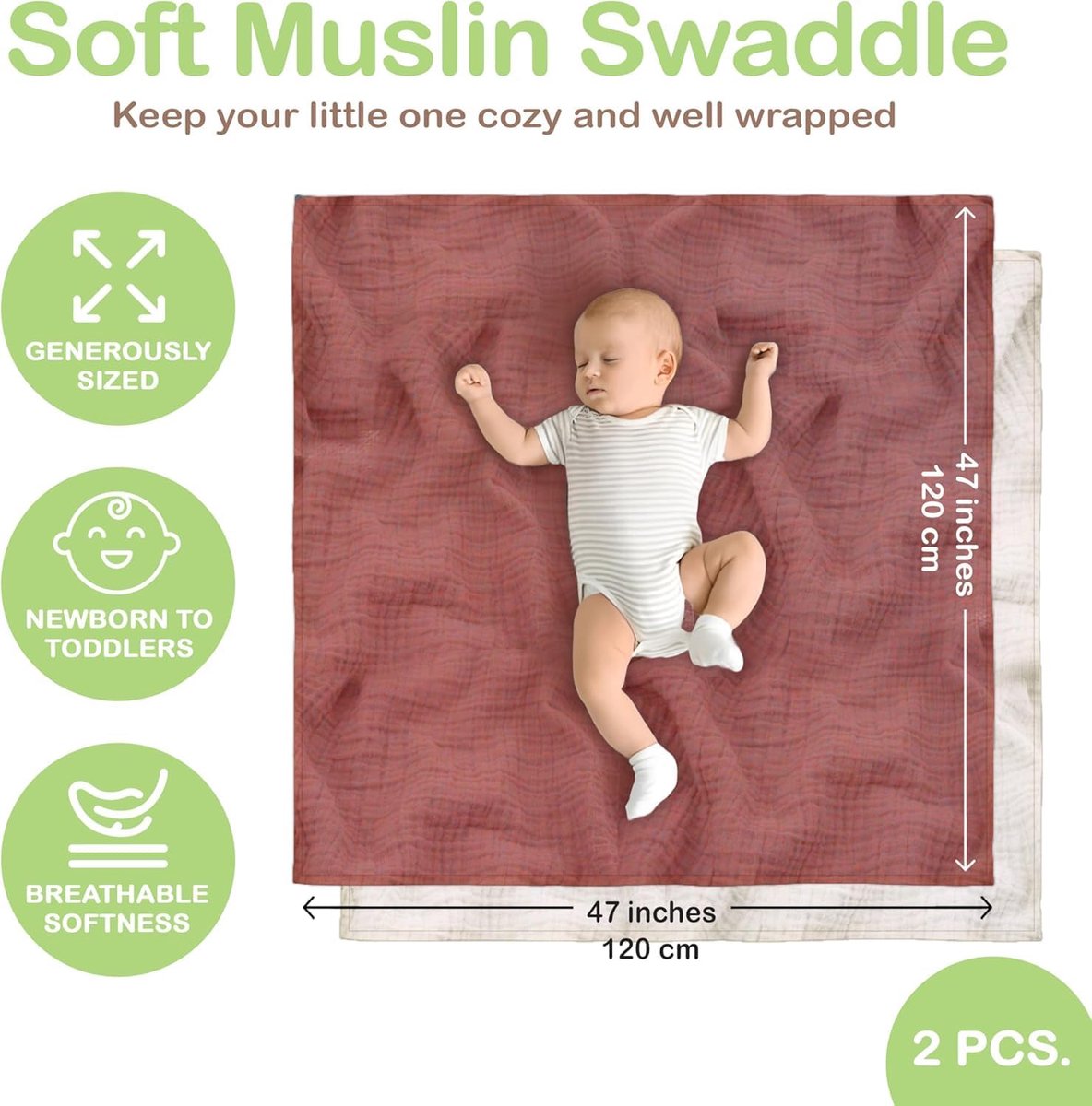 Mousseline baby deken 47x47 inch - 100% biologisch katoen - unisex - perfect voor onderweg - SnelShoppen
