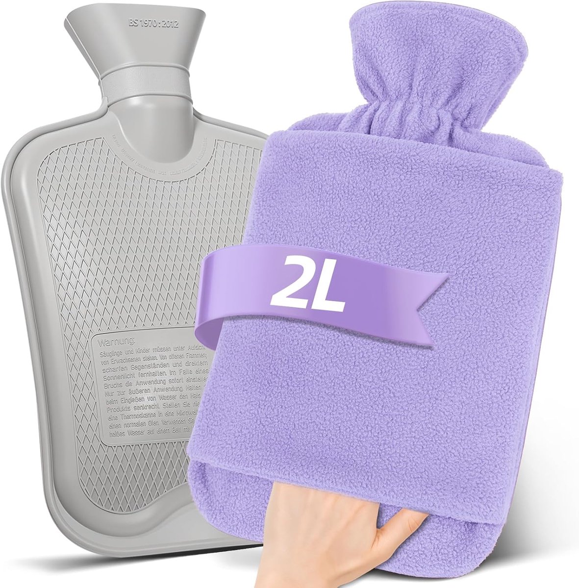 Warmwaterkruik met Fleece-hoes, 2L, lekvrij, handwarmzak, Paars | Grote vulopening, Makkelijk te vullen, Wasbare fleece-hoes, Warm & koud het hele jaar, Voor handen, voeten, rug & schouders