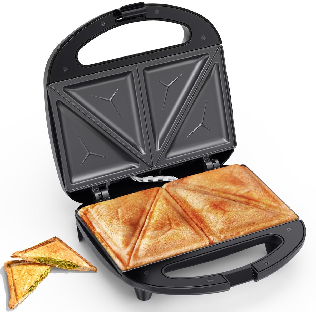 SnelShoppen - Sandwichmaker met Driehoekige Platen, 2 Sneden Anti-aanbak Tosti Apparaat, 750 W, Zwart, Ideaal voor Keuken, Feest, Kinderen en Camping