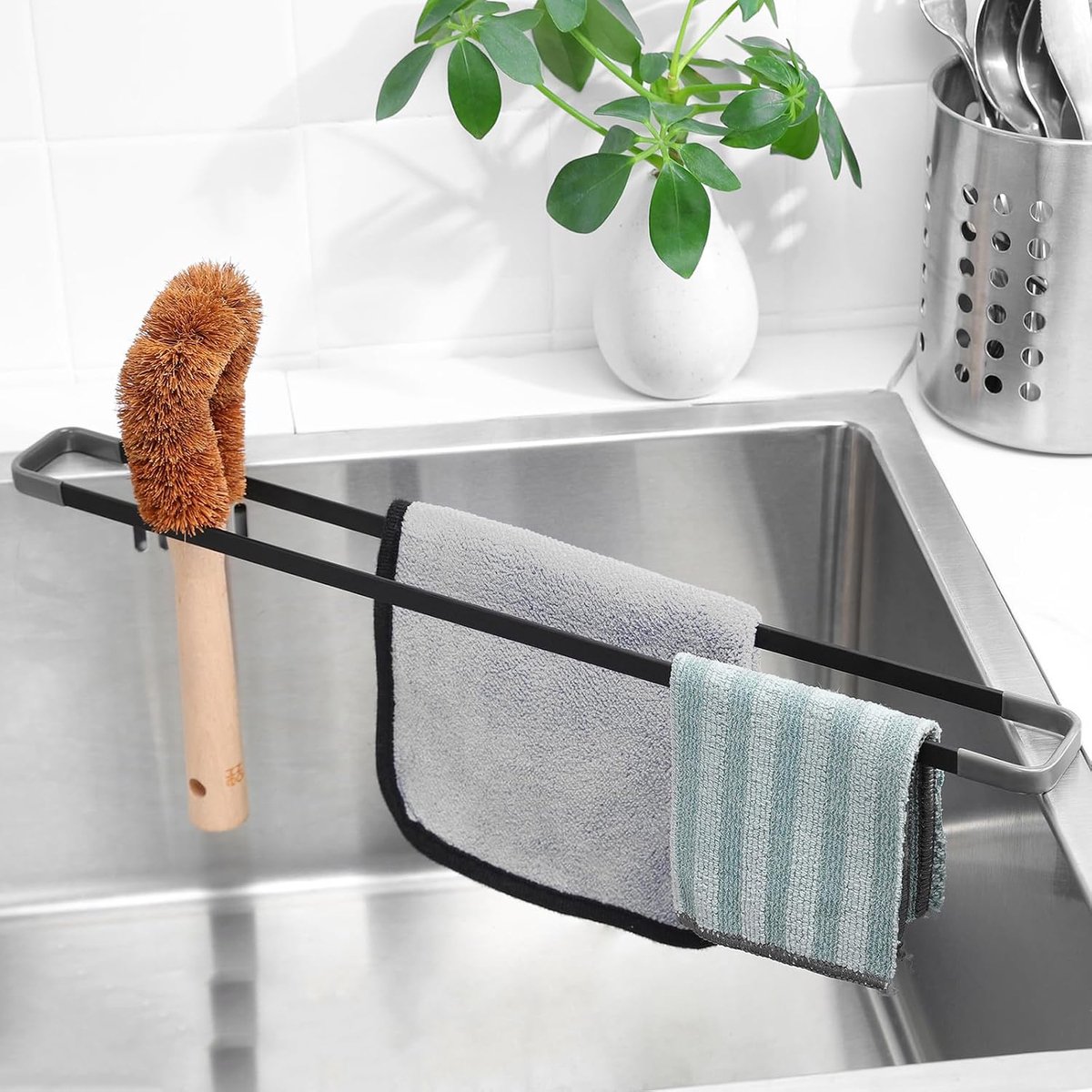 multifunctioneel afdruiprooster, gootsteen, zwart, spoeldoekhouder, 43 cm, gootsteenorganizer voor het afdruipen van theedoeken, afwasborstels, sponzen, doeken en