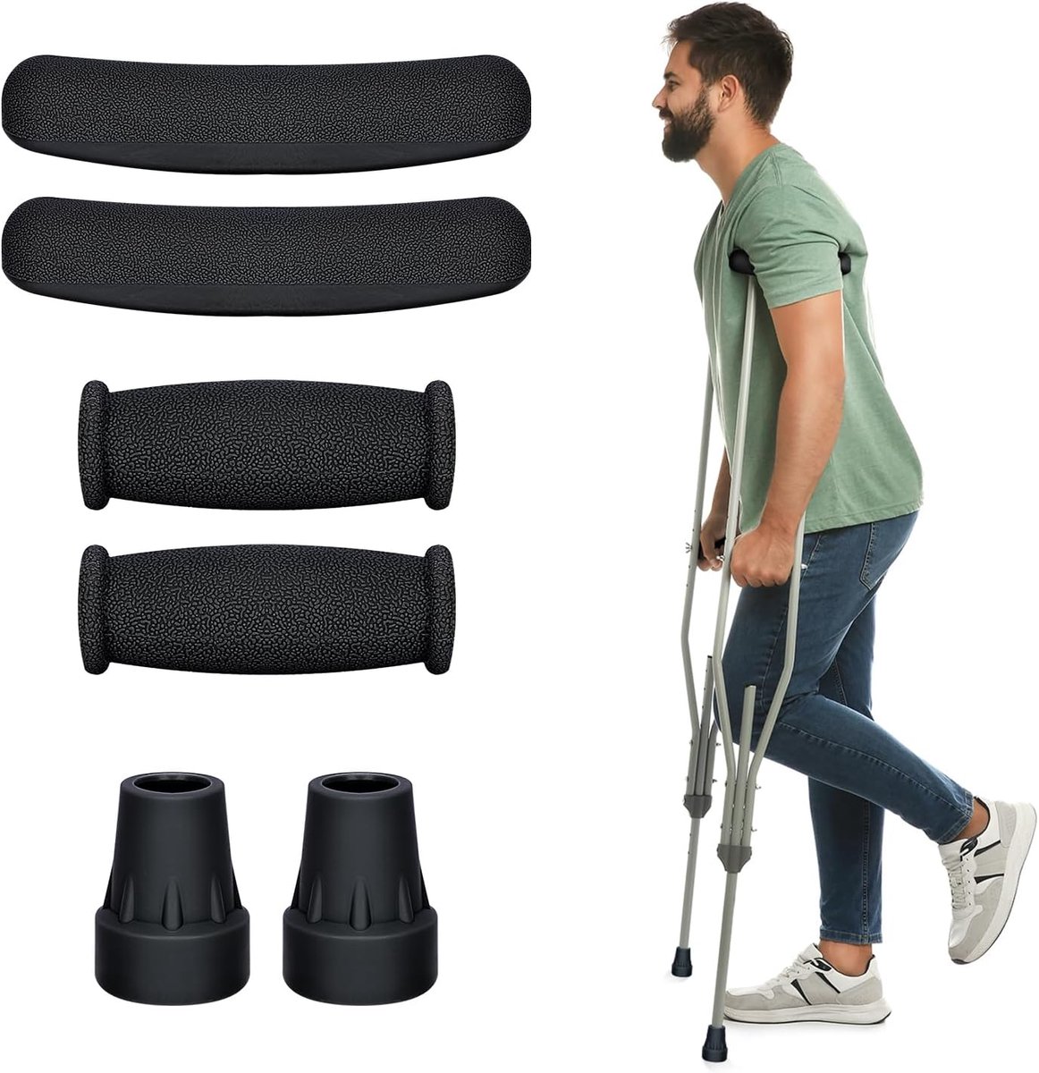 supregear Krukaccessoires Vervangingsset, Krukkussens, Handvatten en Krukdoppen voor Onderarmkrukken, Handvatovertrek en Voetkussens, Geschikt voor Standaard Aluminium Krukken, Set van 6 Stuks, Zwart