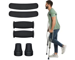 supregear Krukaccessoires Vervangingsset, Krukkussens, Handvatten en Krukdoppen voor Onderarmkrukken, Handvatovertrek en Voetkussens, Geschikt voor Standaard Aluminium Krukken, Set van 6 Stuks, Zwart