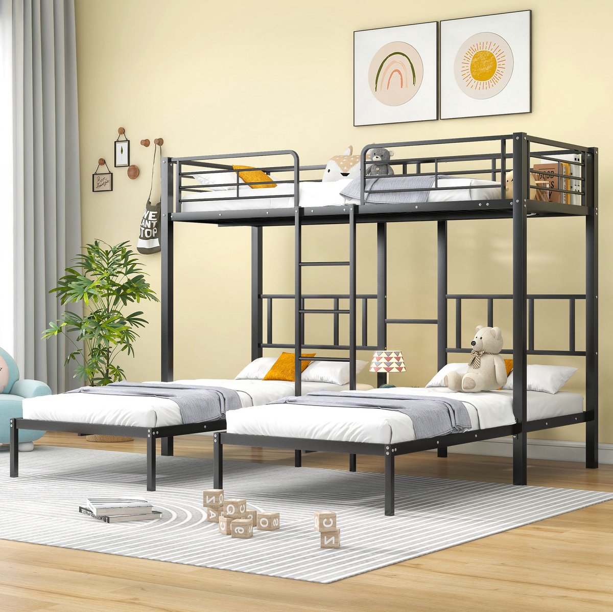 COVREO Stapelbed 90x200 cm zwart, metaal voor 3 personen met ladder