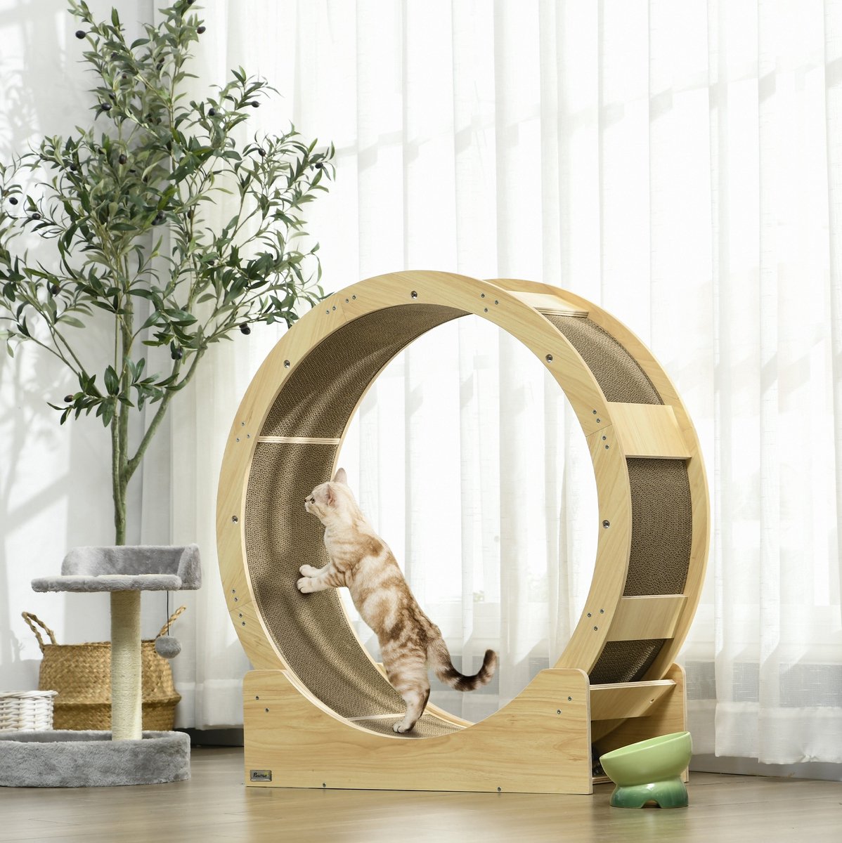 REDOM - Kattenlooprad met rem en krabmat - Houten constructie - Voor katten tot 5 kg - Voor binnengebruik - Eiken - 91 x 33,5 x 94 cm