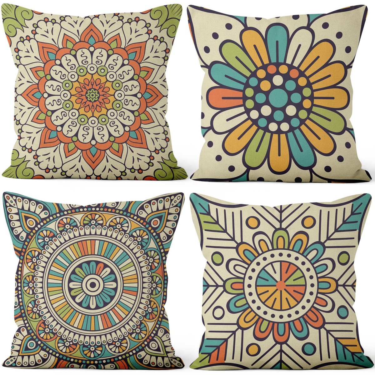 Omgoods - Set van 4 Kussenhoezen met Kleurrijk Mandala Ontwerp