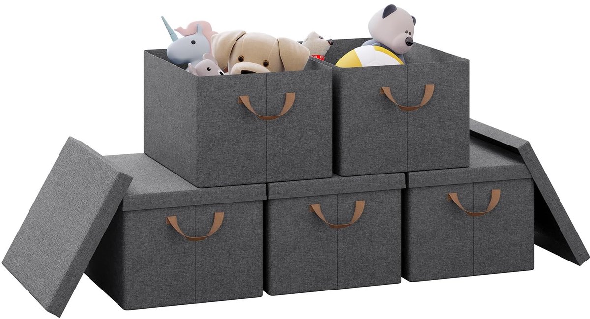 Omgoods - Set van 5 Opbergdozen met Deksel en Handvatten, Grijs