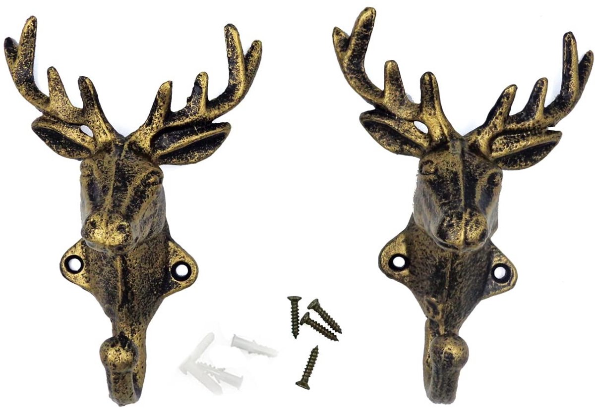 Omgoods - 2 Stuks Herten Wandhaak - Vintage Metalen Haak voor Jassen en Sleutels