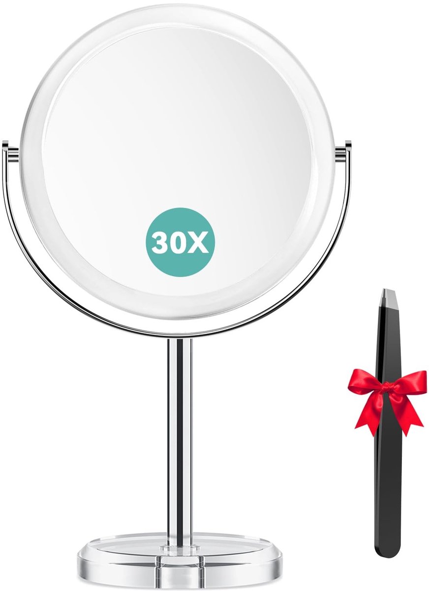 Omgoods - Dubbelzijdige Make-Up Spiegel met 1X/30X Vergroting - 360° Rotatable en Reislamp