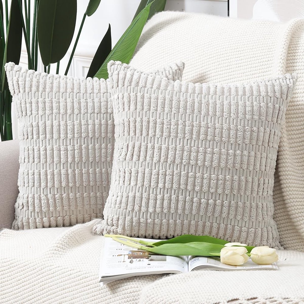 Omgoods - Set van 2 Boho Gestreepte Corduroy Kussenhoezen 40x40cm Grijs - Decoratief voor Sofa
