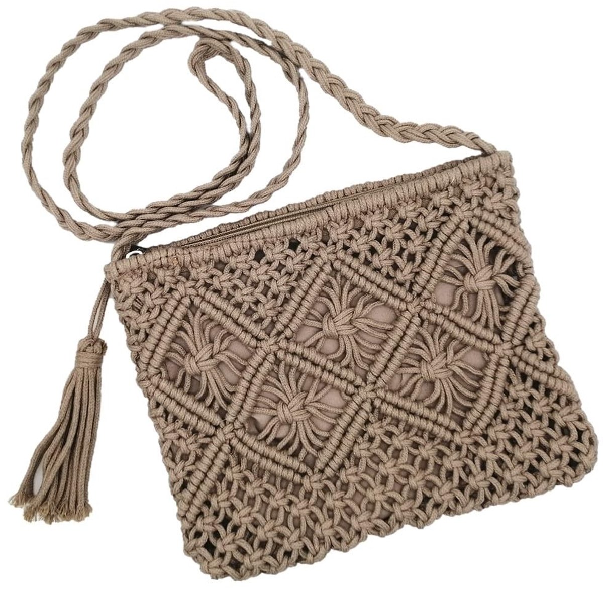 Omgoods - Kleine Handgemaakte Macrame Schoudertas met Franje voor de Zomer