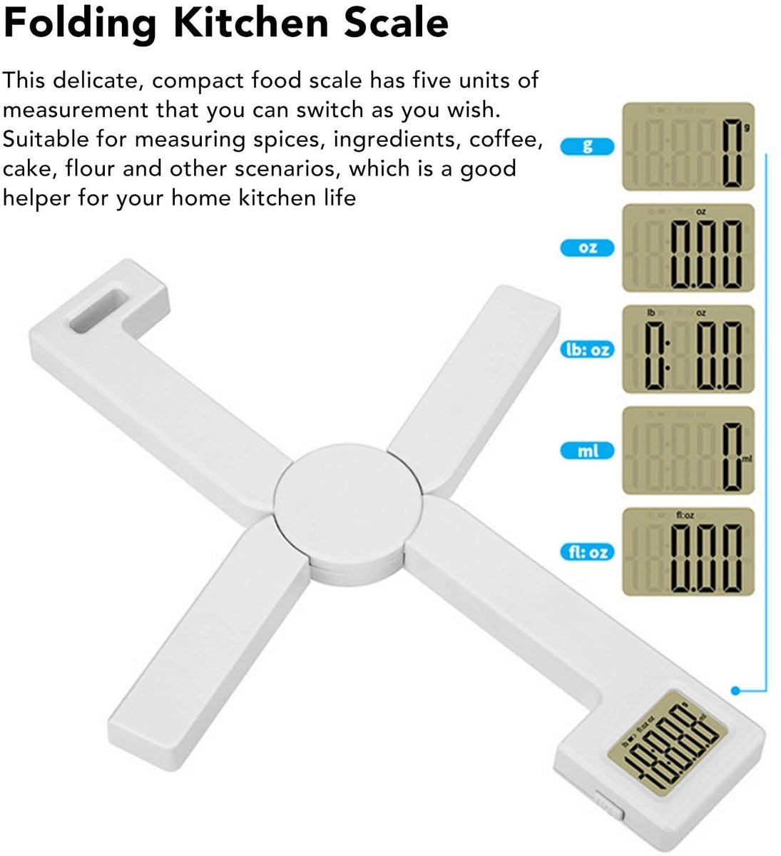 Omgoods- Keukenweegschaal Opvouwbaar - Digitale Weegschaal - LCD-scherm - Meetbereik 2g-5000g - ABS Materiaal - Inclusief 1x CR2032-batterij (niet meegeleverd) - Voedscale