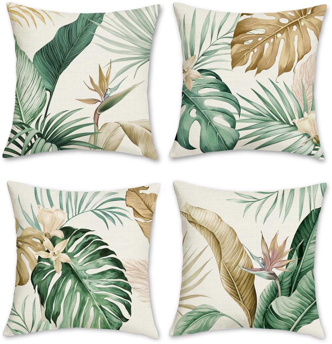 Omgoods - Set van 4 Tropical Leaves Kussenhoezen 45 x 45 cm voor Sofa en Tuin