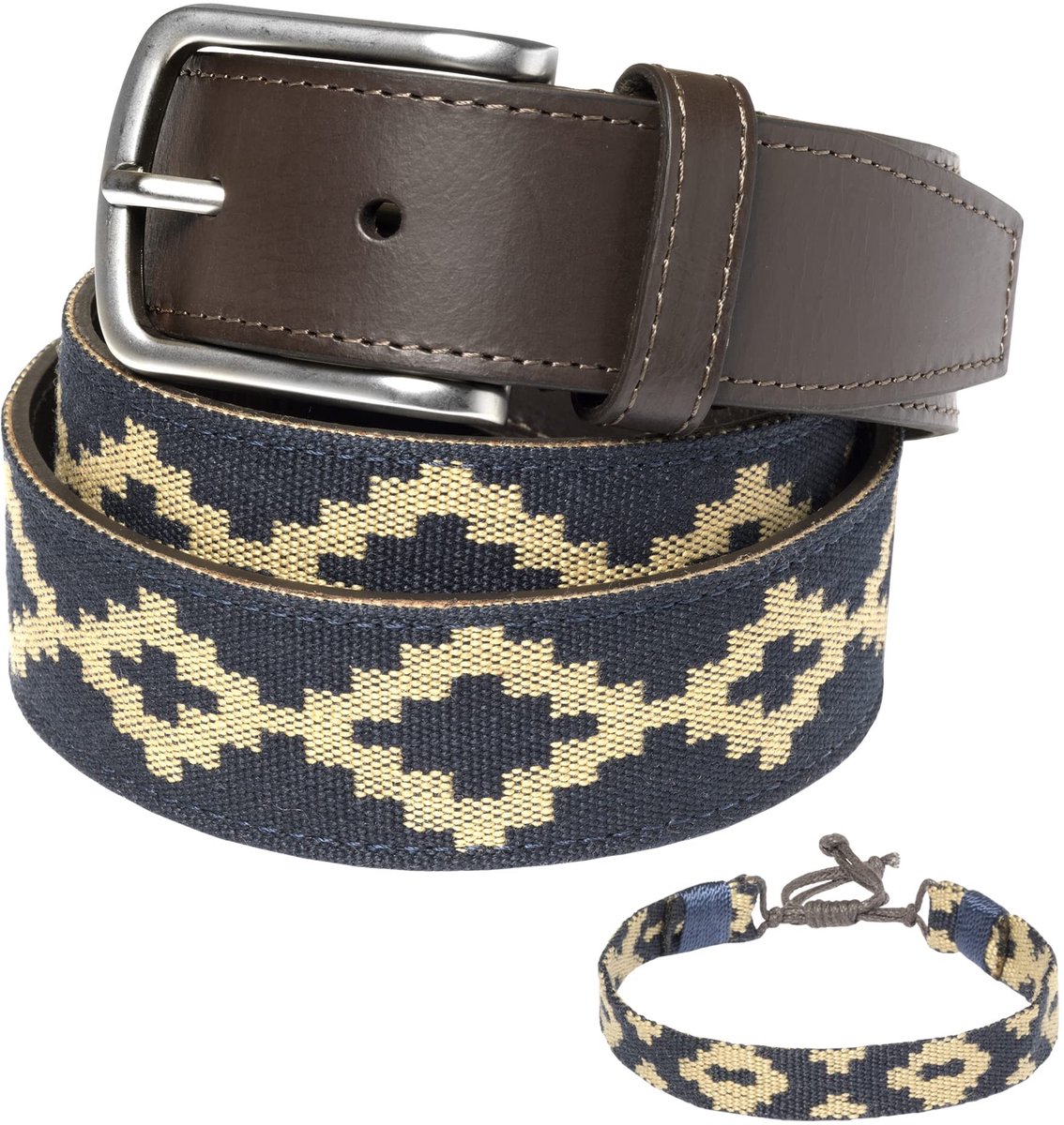 Omgoods - Elegante Leren Riem met Bijpassende Armband, Blauw-Beige