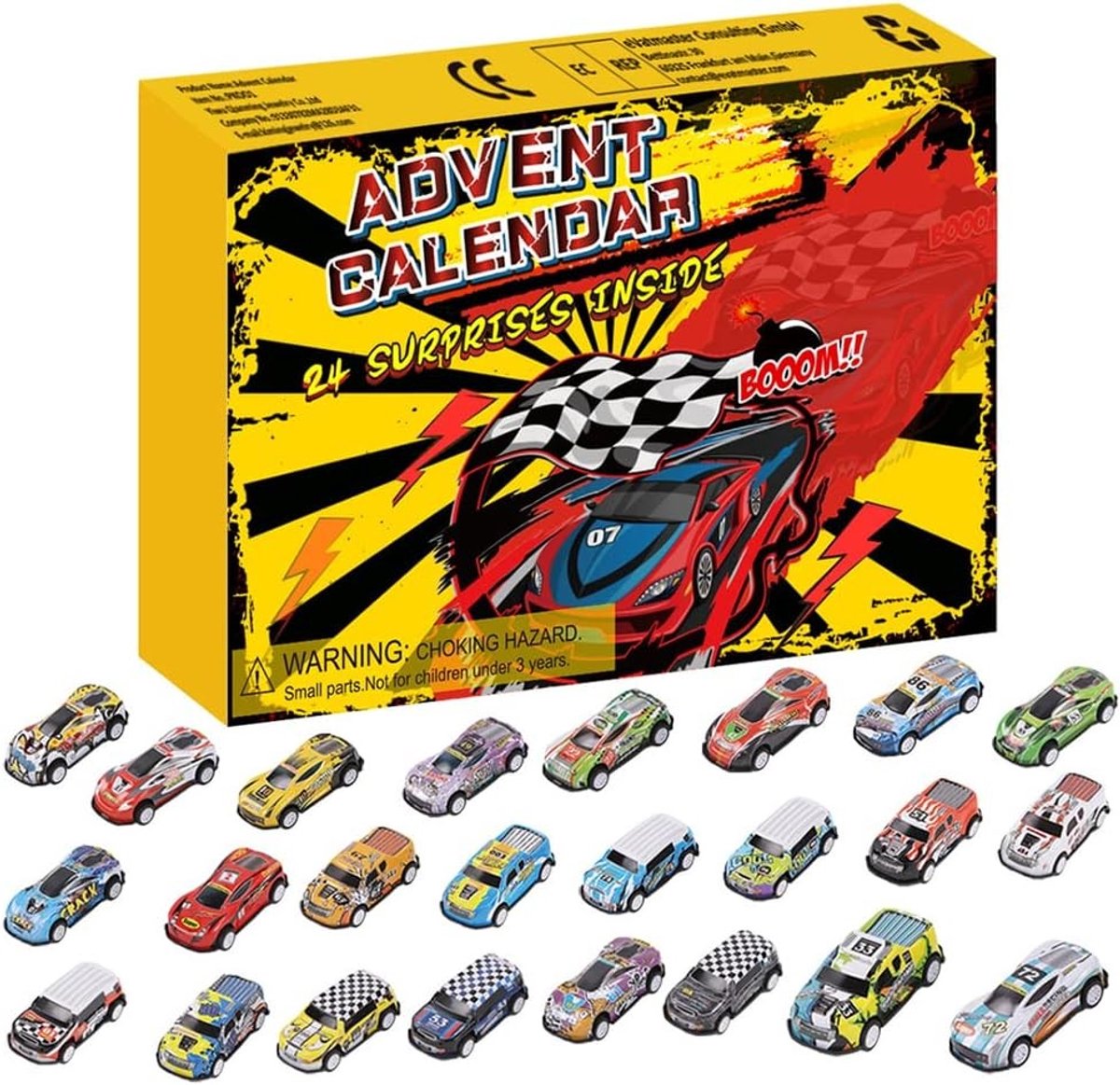 Omgoods- Adventskalender 2025 - 24 Stuks Autospeelgoed - Kerstkalender - Aftelkalender - Kinderspeelgoed - Afmetingen 33 x 28 x 3,6 cm - Speelgoedkalender