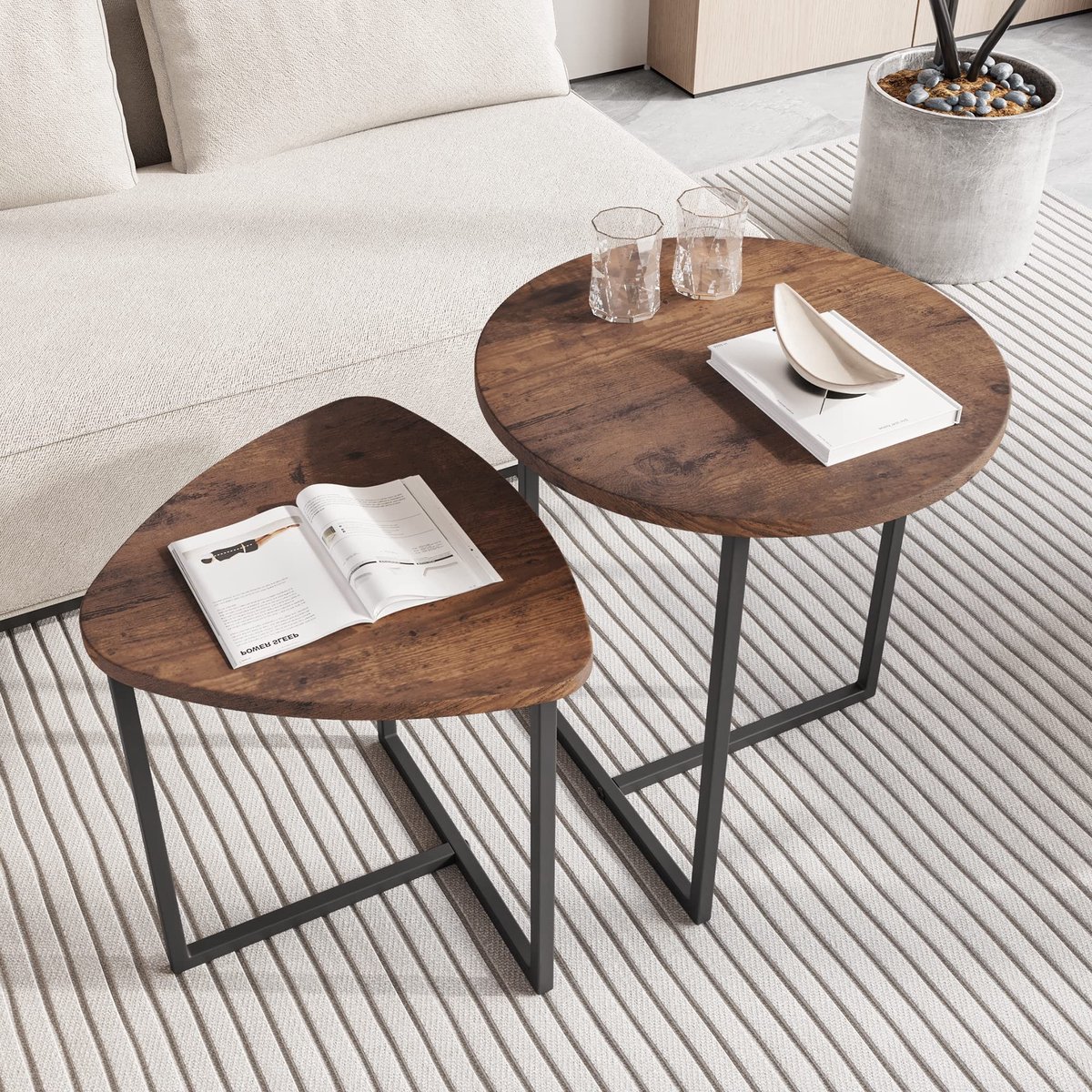 Omgoods - Set van 2 Ronde Koffietafels met Metaal en Houten Blad